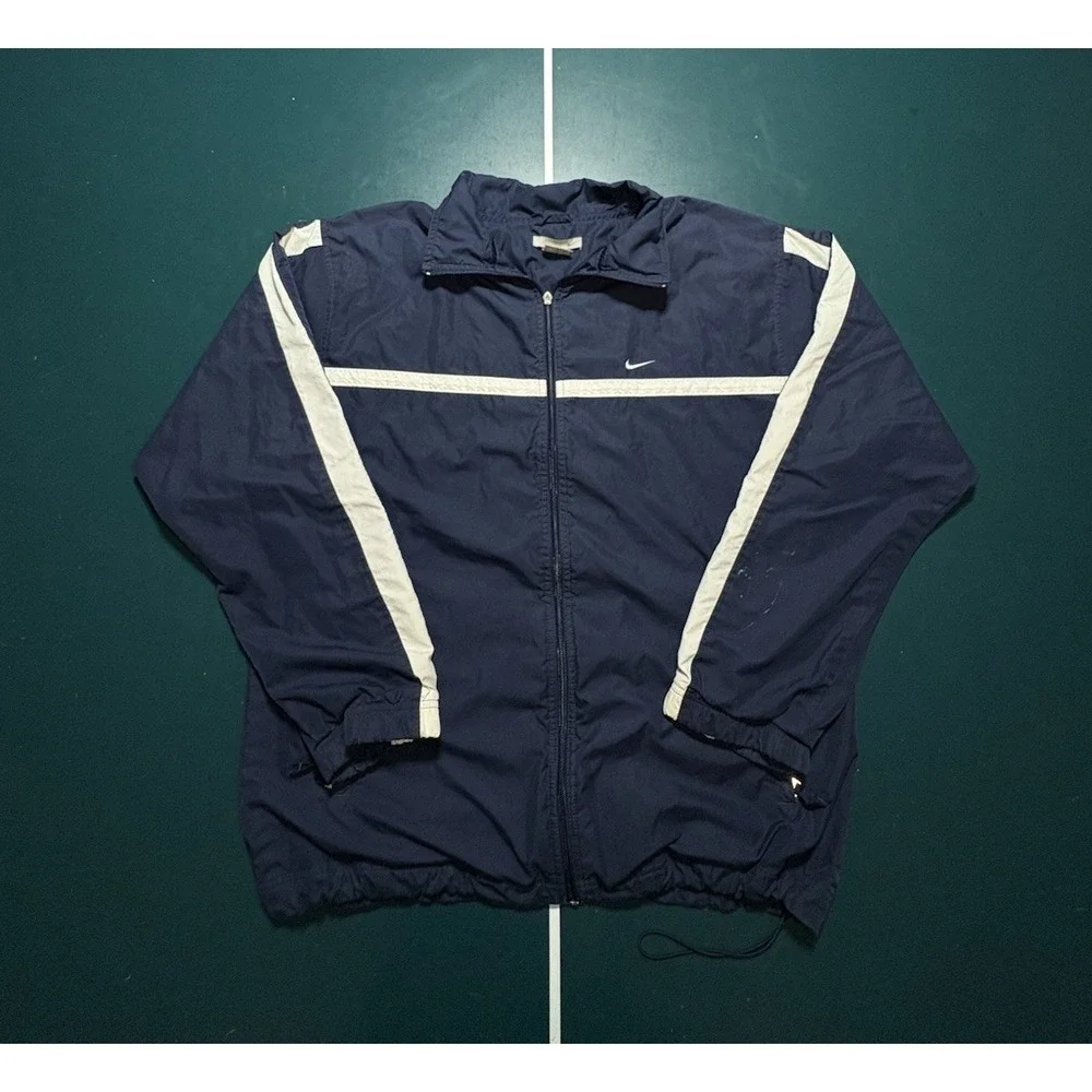 Vintage Nike Windbreaker Jacket Men's Large Navy Blue Striped Lined Full Zip Y2K